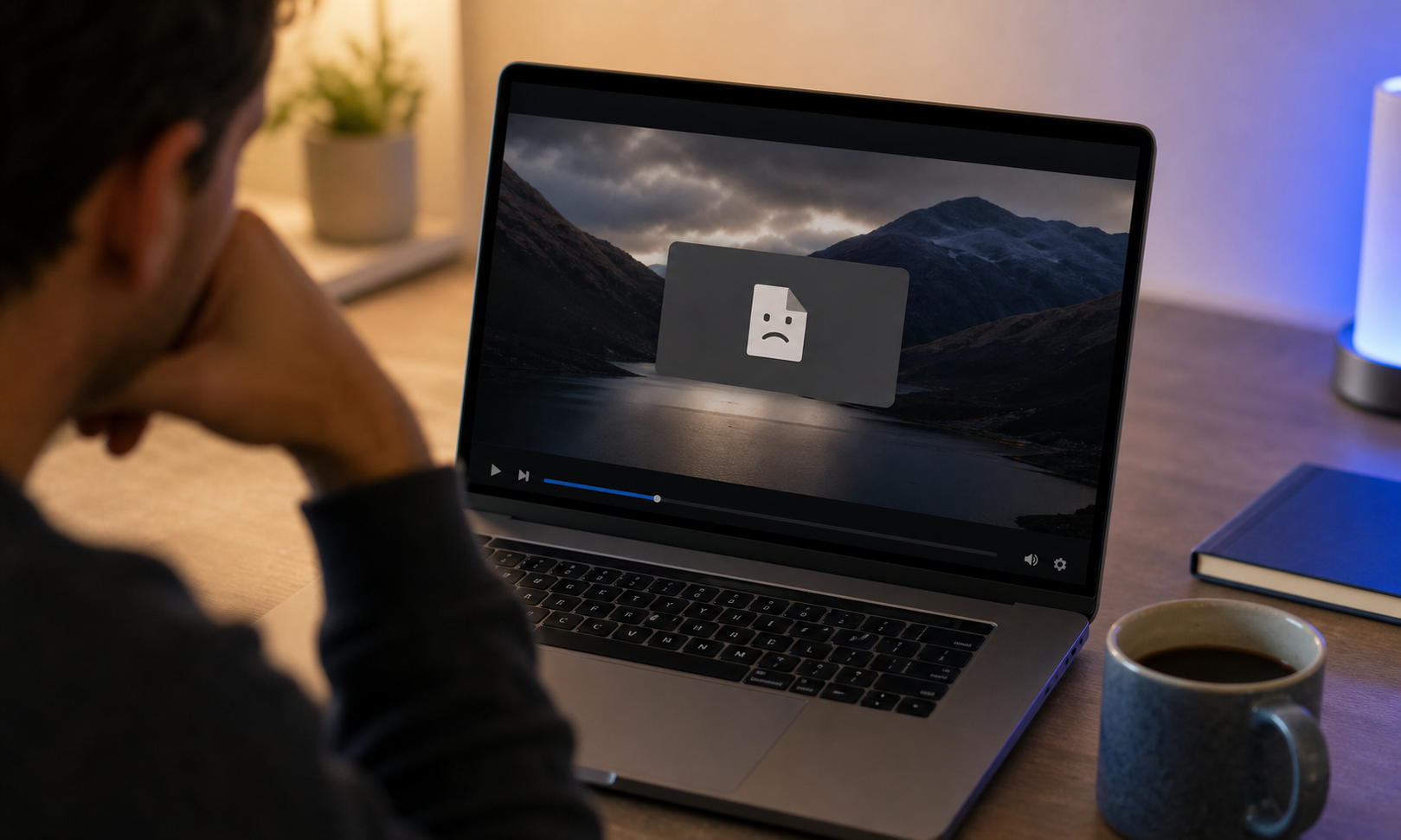 Hero image — over-the-shoulder shot of a laptop screen showing a paused MKV video file with a "format not supported" error dialog visible, warm desk lighting, coffee mug in soft focus. Communicates frustration + relatability.