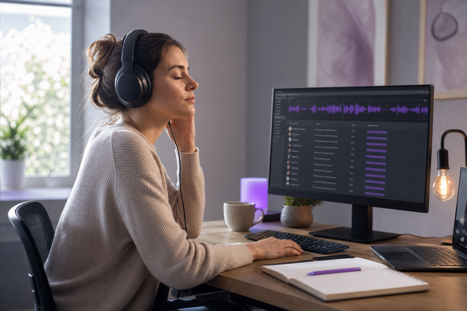 A content creator at a desk wearing closed-back over-ear headphones, head tilted slightly, eyes closed in focused listening. A second monitor shows waveforms or a voice library list. Natural daylight from a window left. The mood is concentrated, not 