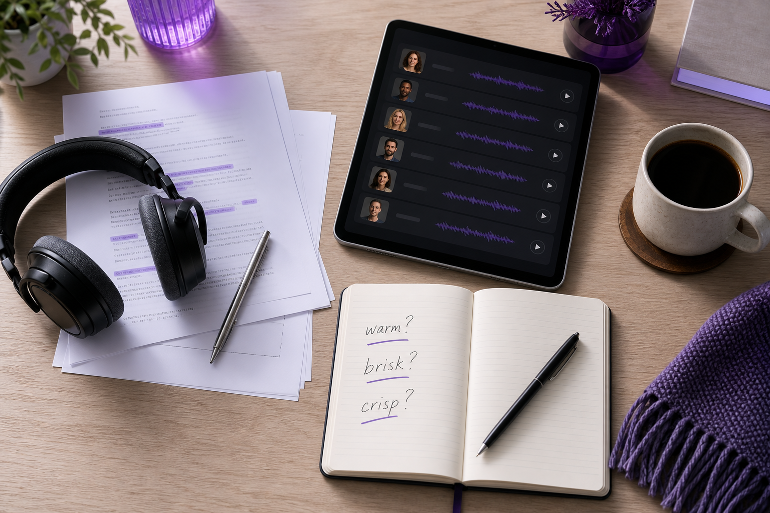 A creator workspace flat-lay — script pages with highlighted phrases, a pair of over-ear headphones, a tablet displaying a voice library list, a notebook with descriptor words written in margins ("warm? brisk? crisp?"). Top-down angle, soft