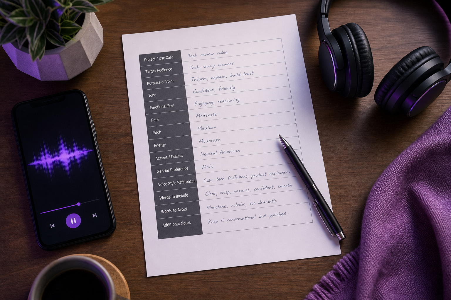 A printed copy of the brief template lying on a desk, partially filled out in handwriting (the tech-review example), with a pen resting on top, a small pair of headphones in the upper corner, and a phone showing a paused voice sample. Top-down, warm 
