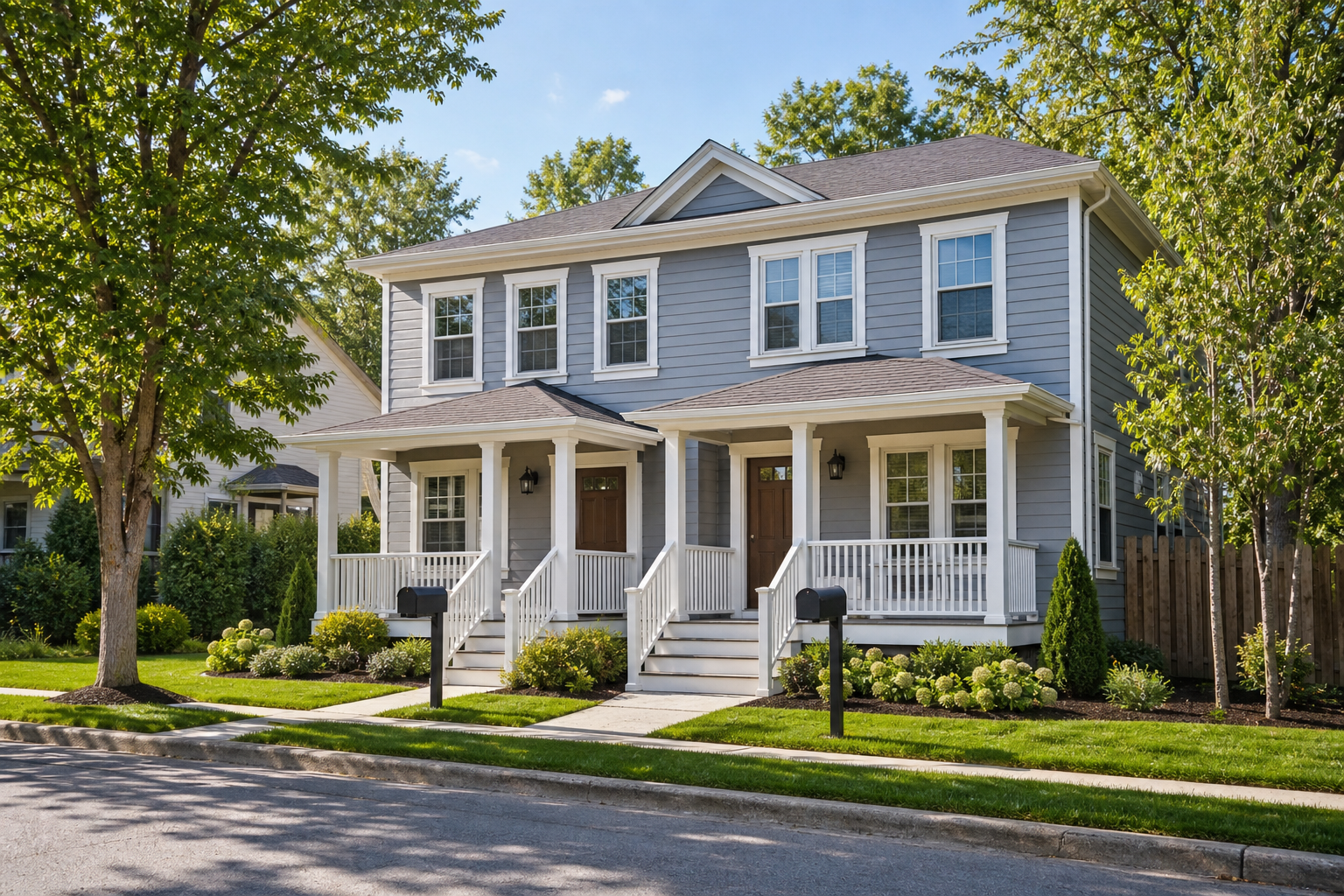 Exterior wide-angle shot of a two-story side-by-side duplex with two distinct front entrances, separate mailboxes visible, mature landscaping. Shot from across the street at slight angle to show both units' facades clearly. Daytime, natural light. HE