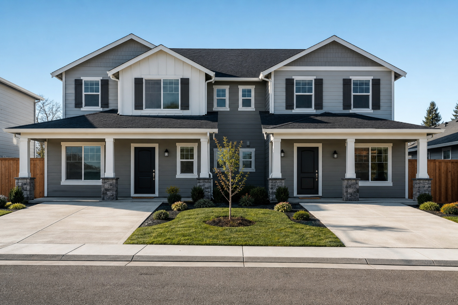 Side-by-side duplex exterior, single-story or two-story property with two clearly distinct front doors, separate driveways or carports, visible street numbers on each unit. Mid-day natural light.