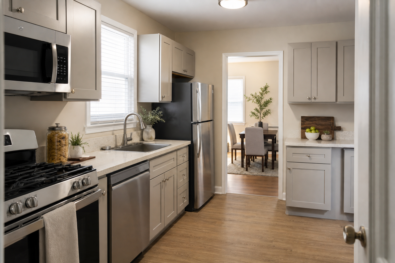 Interior shot of a rental-unit kitchen — clean, well-lit, mid-range finishes (laminate or quartz counters, stainless appliances, neutral cabinets). Shot from the entry doorway angle to show counters, sink, and window.