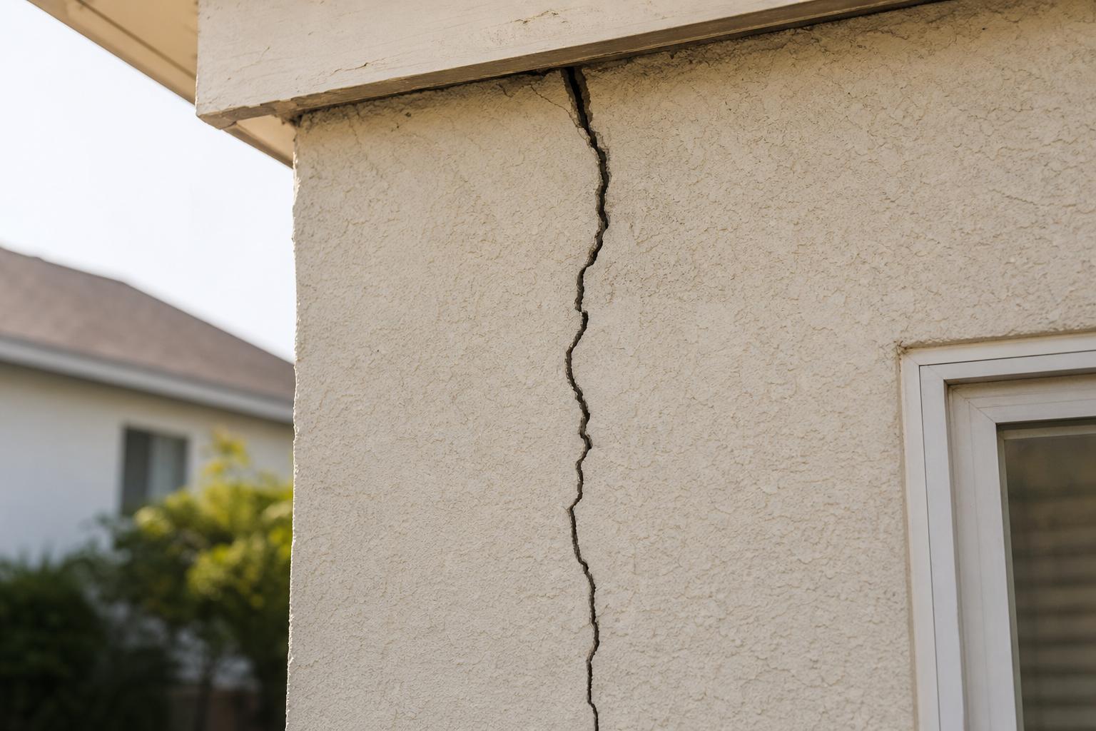 Close-up of a visible structural concern — vertical crack in stucco or block foundation, water staining on ceiling at wall junction, or section of failing roof with curled shingles. Tight crop, clear focus on the damage.