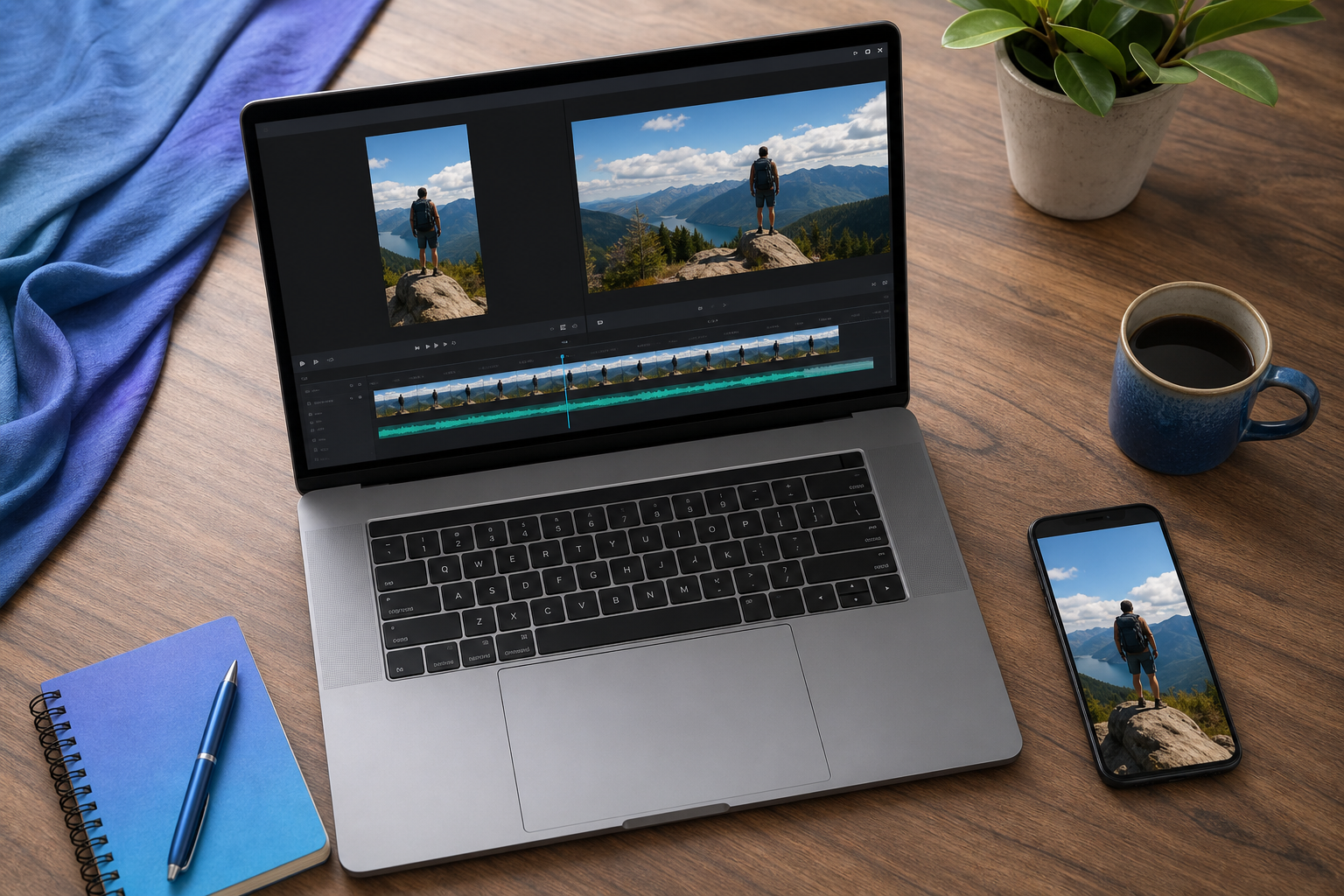 Clean overhead shot of a laptop on a wooden desk with a video editing timeline visible on screen and a smartphone beside it showing a recorded vertical clip, implying the "source to target format" tension the article solves.