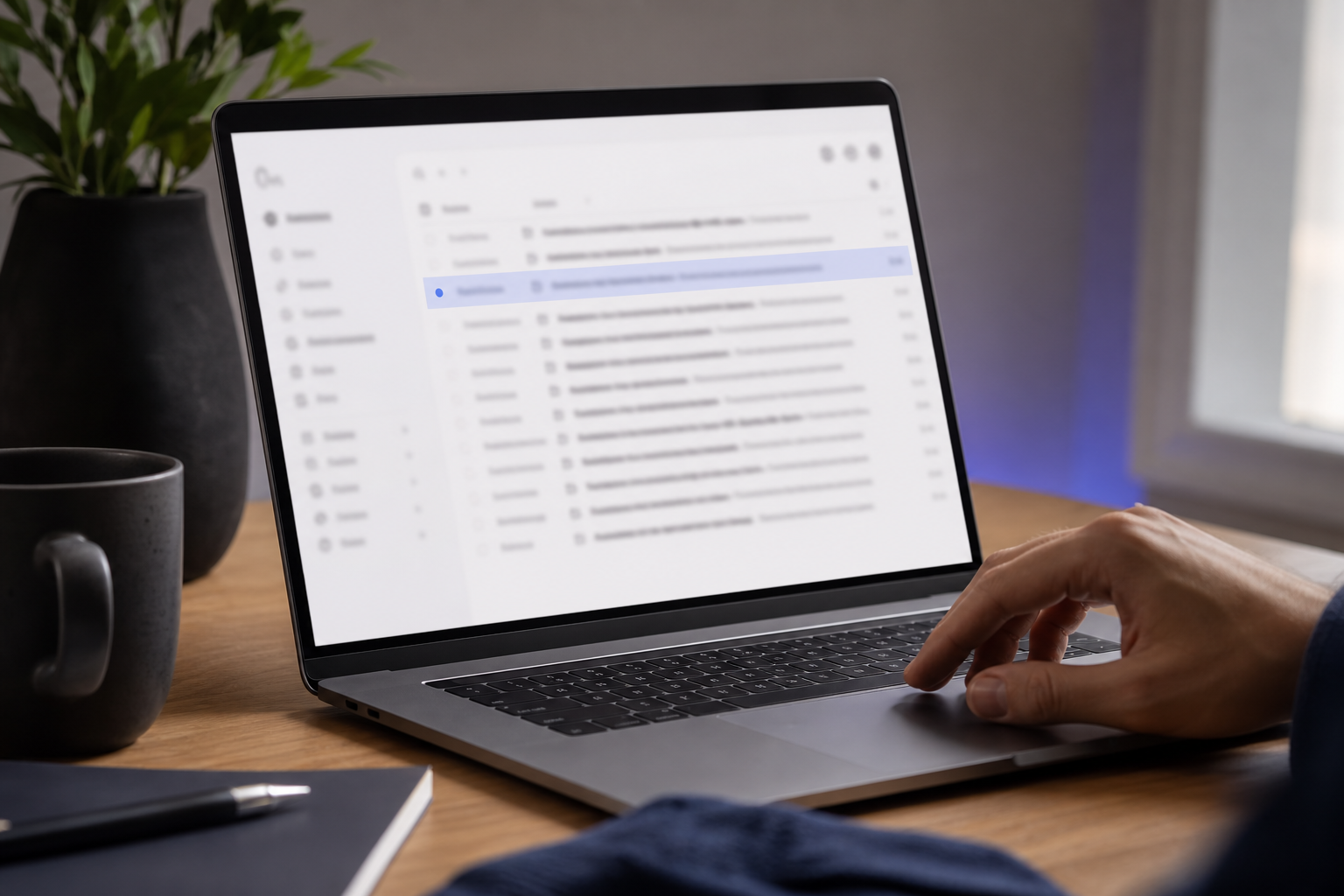 A laptop screen showing a generic email inbox with one promotional verification email highlighted at the top. Side angle, soft natural lighting, coffee cup partially visible. Conveys "moment of decision" before clicking.