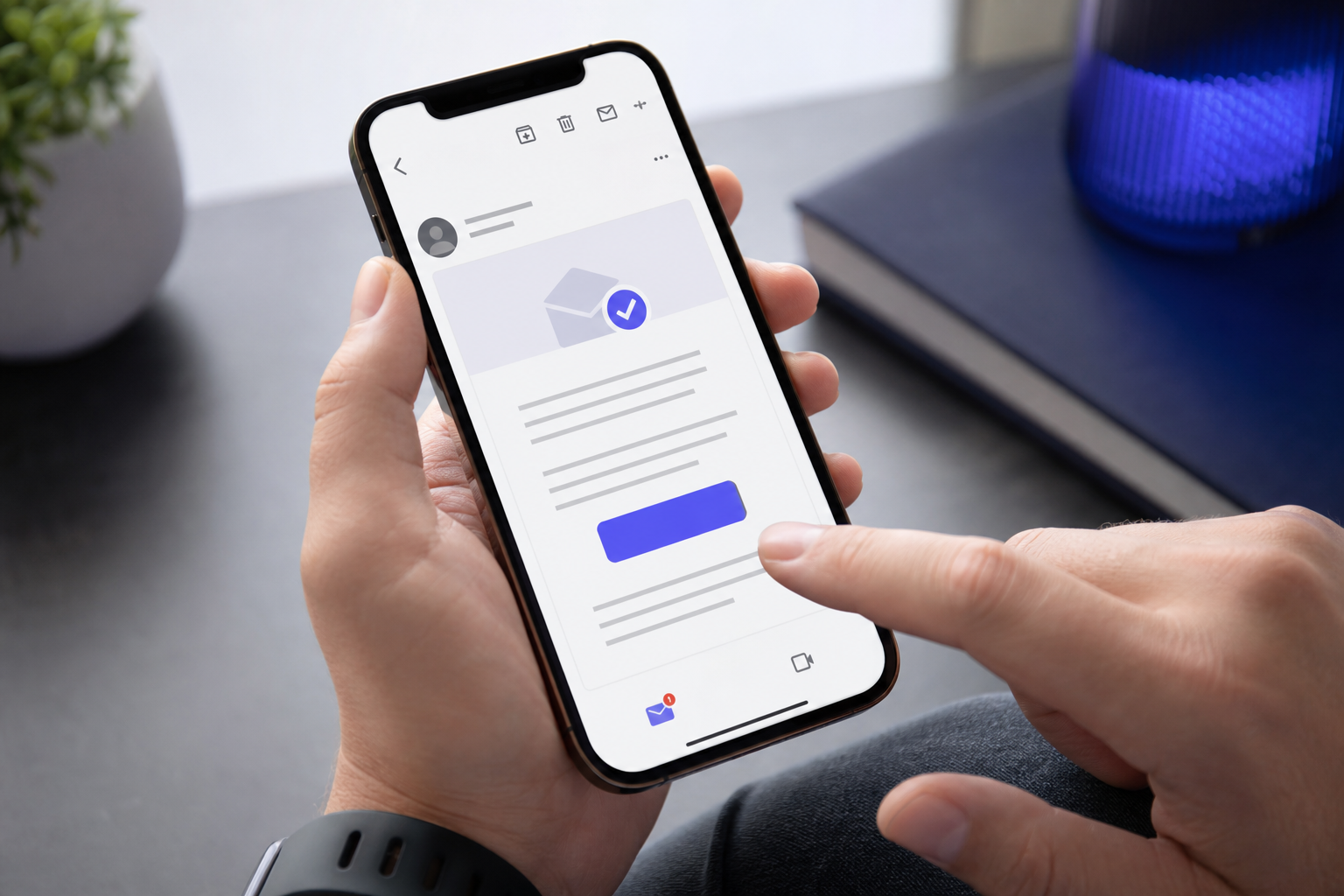 Close-up of a smartphone displaying an email inbox with a promotional verification email open, finger about to tap the "Verify Email" button. Slightly tilted angle, neutral indoor lighting.
