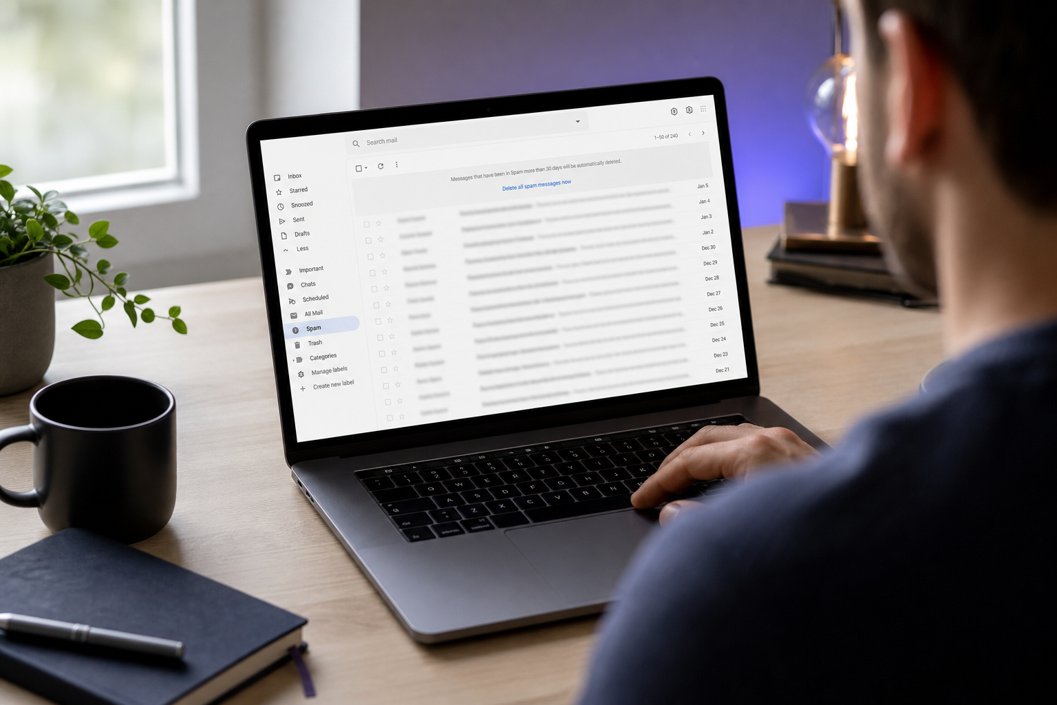 A laptop screen with a Gmail inbox visible, showing the user actively scrolling/searching the Spam folder. Over-the-shoulder angle.