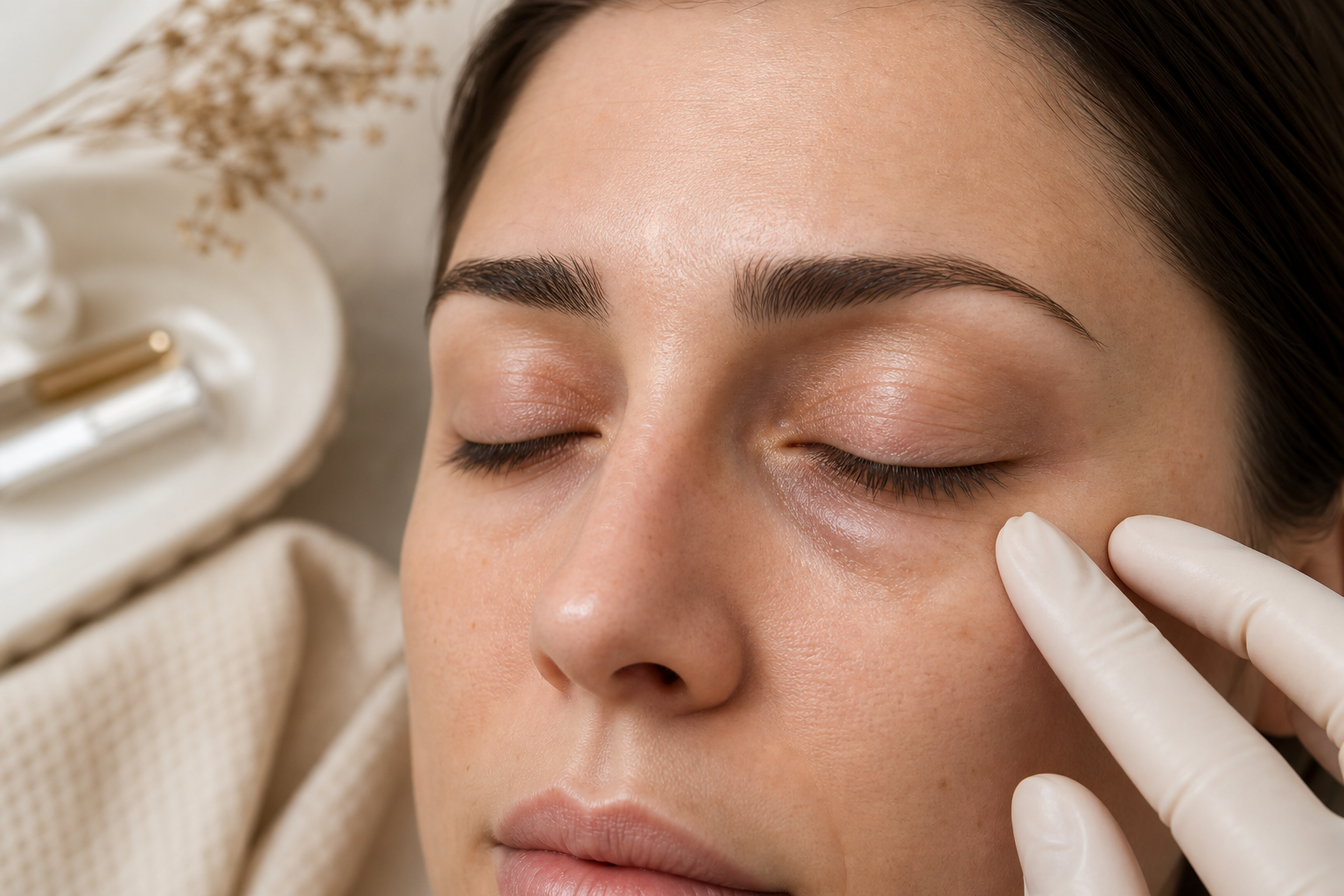 Close-up clinical shot of a woman's under-eye area in soft natural light, eyes closed, no makeup, conveying the "rested vs. tired" contrast — editorial, not stocky