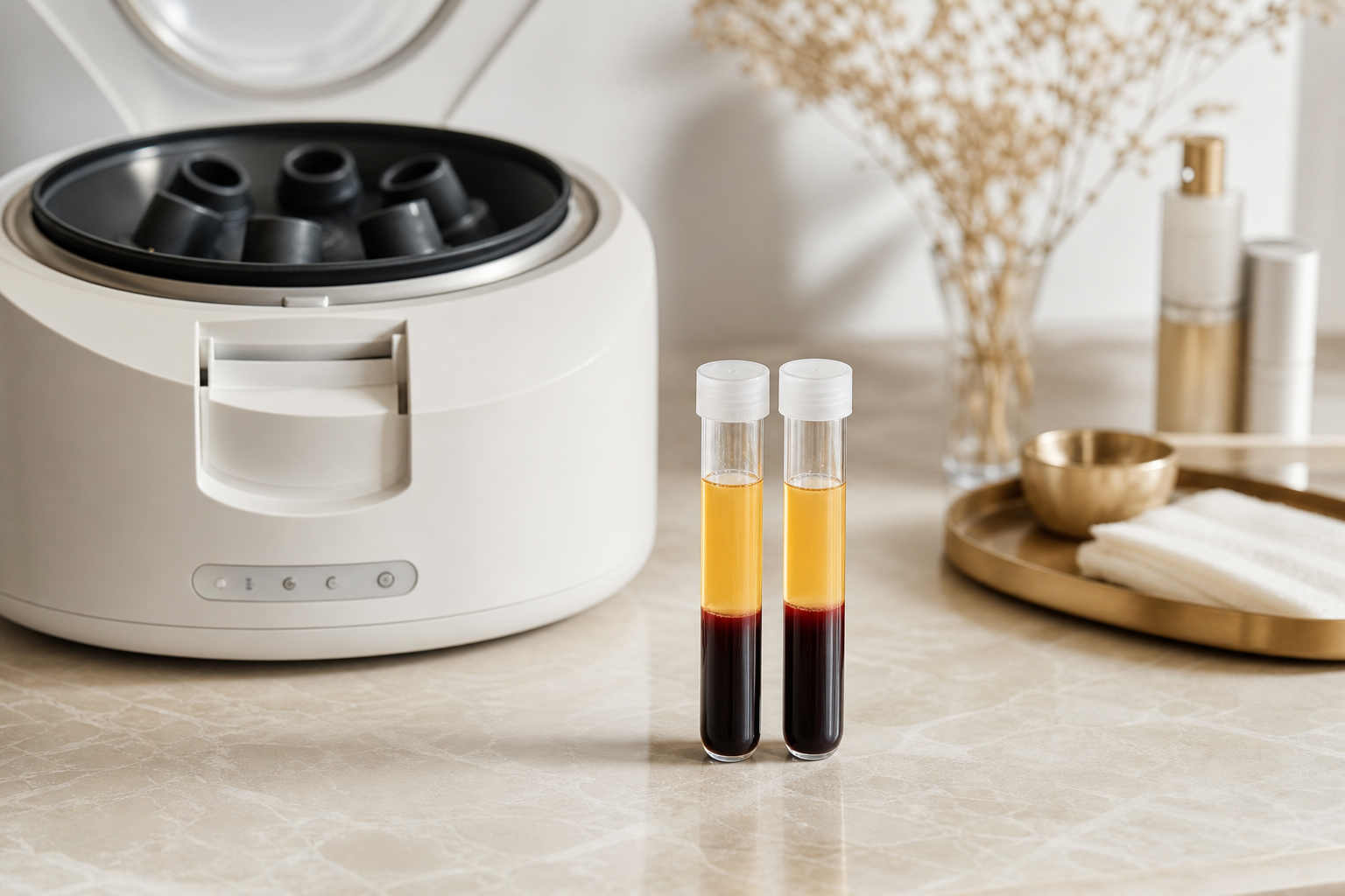 Medical centrifuge with two test tubes of separated blood, yellow plasma layer visible above red cells, clinical countertop, soft daylight — conveys "real science, not magic"