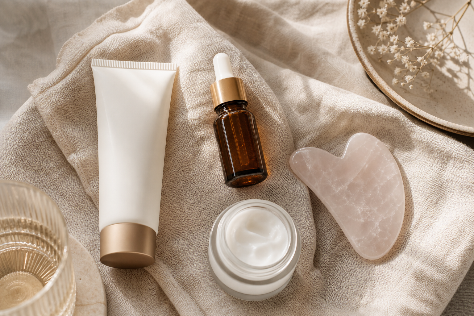 Flat-lay of an honest at-home skincare kit — sunscreen, vitamin C serum, peptide cream, gua sha — on a linen surface, visually anchoring the "PRP needs topical partners" message
