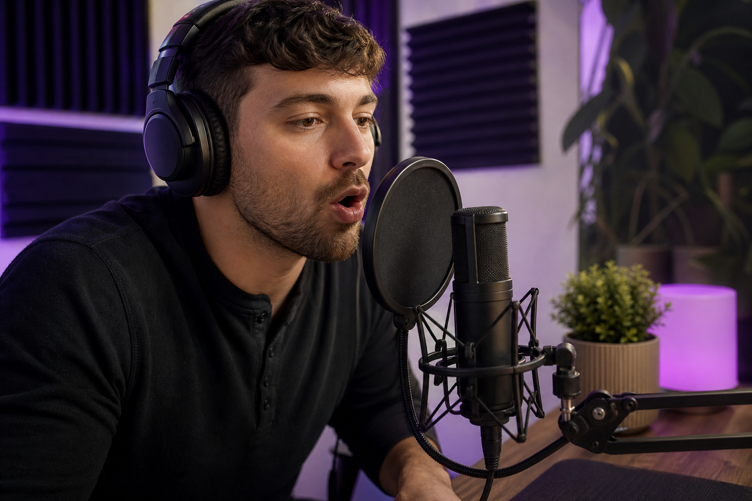 Close-up of a content creator at a desk mid-recording, mouth shaped mid-vowel, leaning into a cardioid condenser microphone with a pop filter. Soft side lighting, acoustic foam panels visible in background. Craft-focused, not stock-corporate.