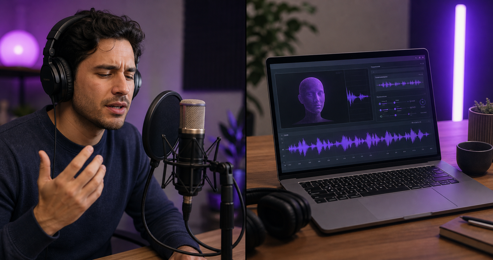 Split-screen visual — left side shows a creator mid-take at a home studio mic, slight tension in face; right side shows a laptop screen with a voice-cloning interface and waveform rendering. Conveys the dual-workflow reality.