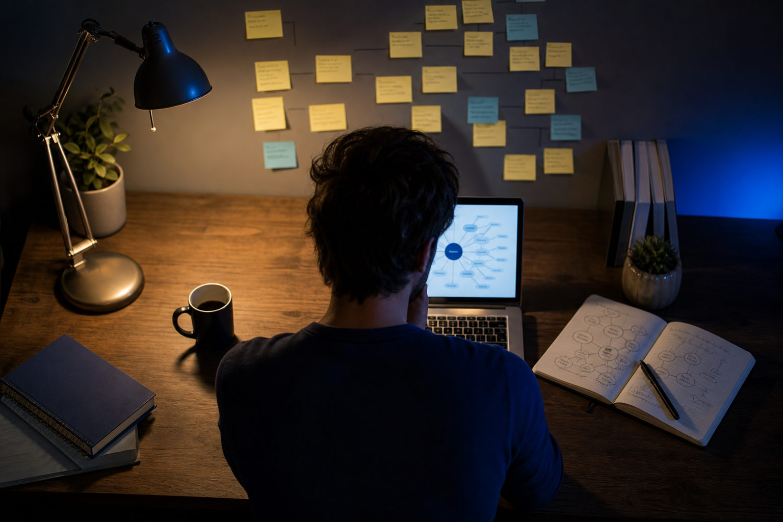 Overhead shot of a founder's desk at night — laptop screen glowing with a keyword cluster diagram, sticky notes mapping pillar topics on the wall behind it, coffee cup, open notebook with hand-drawn hub-and-spoke sketches. Warm desk lamp, dark backgr