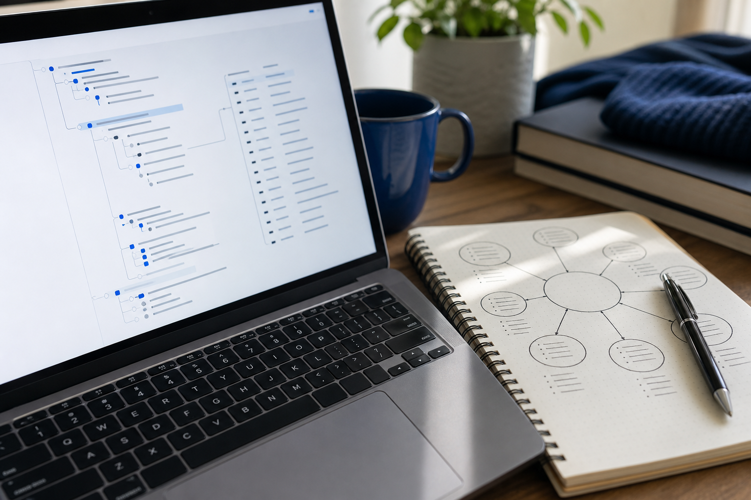 Close-up of a laptop screen split between a keyword research tool (showing clustered intent groups in a tree view) and a notebook page with hand-drawn pillar-and-spoke diagrams. Pen resting on notebook. Conveys the strategy-before-automation discipli