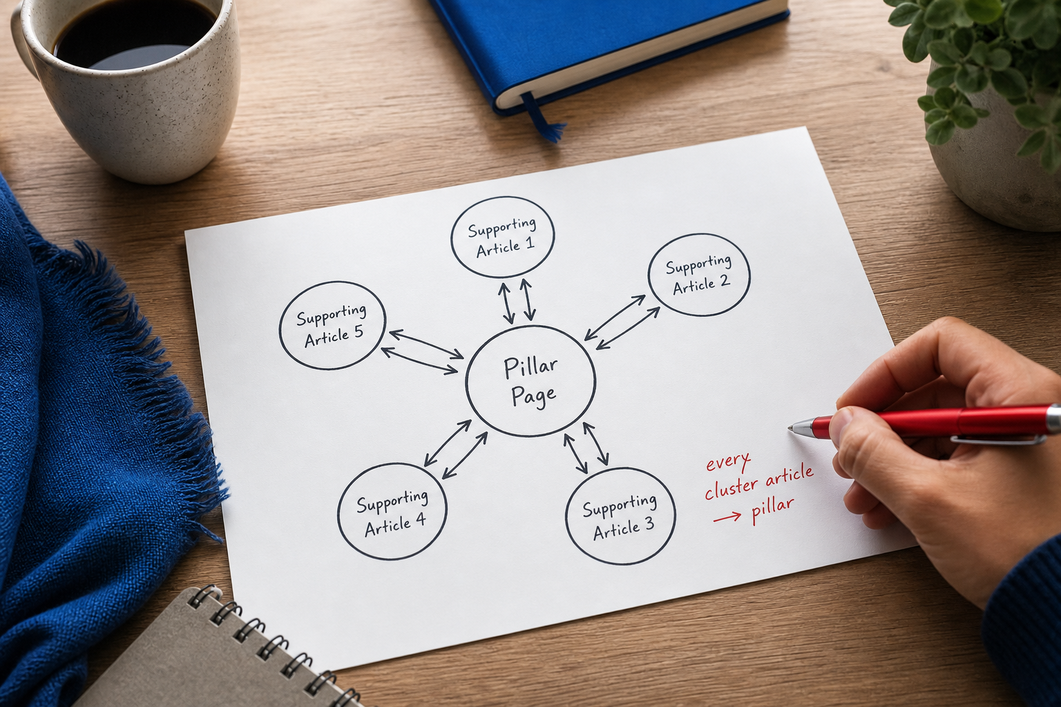 Hub-and-spoke diagram printed on paper, lying on a wooden desk. Center node labeled 'Pillar Page'; five outer nodes labeled 'Supporting Article 1–5'. Arrows drawn in black marker showing reciprocal links between center and spokes. Hand holding a red 