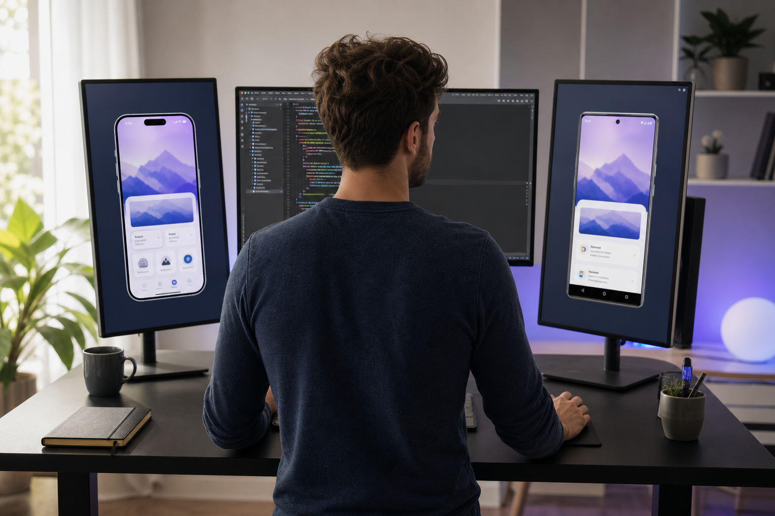 Developer at a standing desk with three screens — left screen showing iOS Simulator with a running app, right screen showing Android Emulator with the same app, center screen showing a single IDE window with shared Kotlin code. Natural daylight, slig