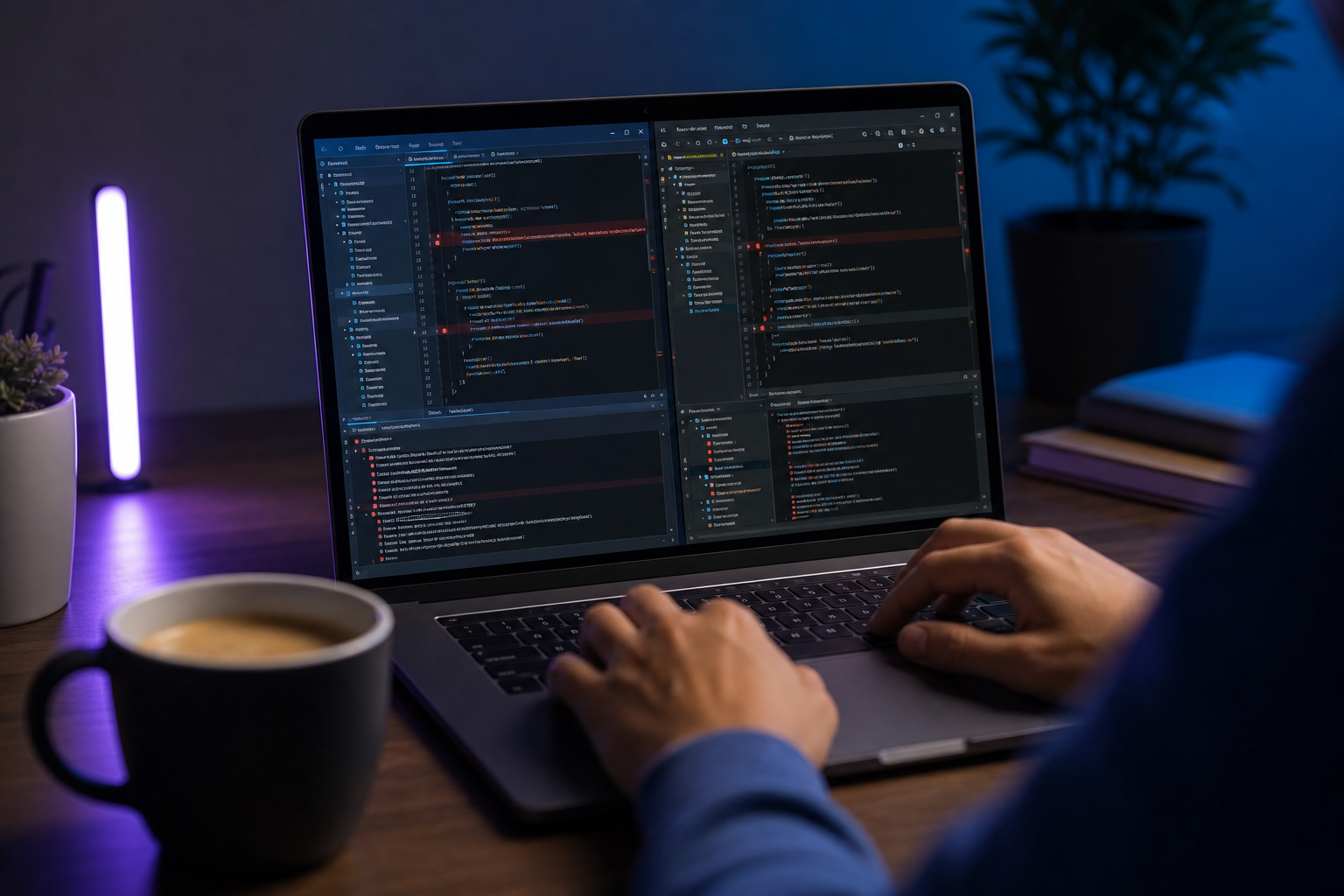 Close-up of a laptop screen showing Xcode and Android Studio side-by-side with red error indicators visible, a coffee cup in the foreground partially out of focus, hands typing. Mood: late-night debugging, not staged perfection.