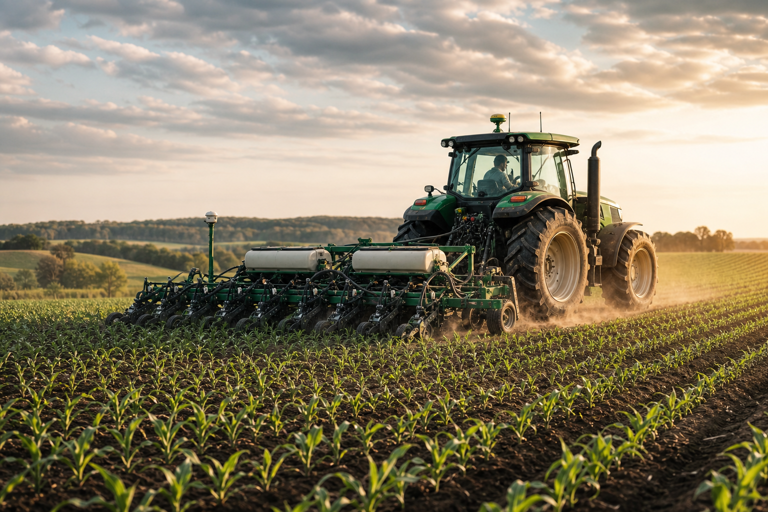 Wide-angle field shot at golden hour showing a modern tractor with visible GPS antenna pulling a precision seeder across a contour-planted field. Crop rows visible in foreground, healthy canopy in middle distance, sky with light cloud cover. Equipmen