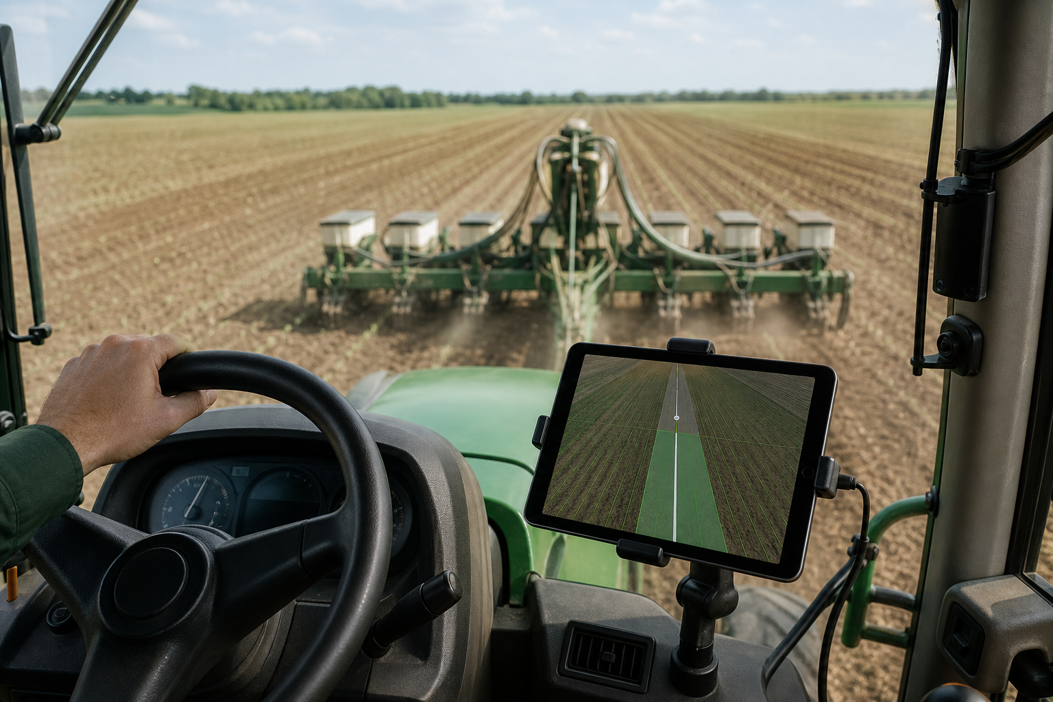 In-cab perspective showing a tablet or iPad mounted on the steering column displaying a guidance line over a field map, with the steering wheel and dashboard visible in the foreground. Field visible through the windshield showing the seeder behind. B