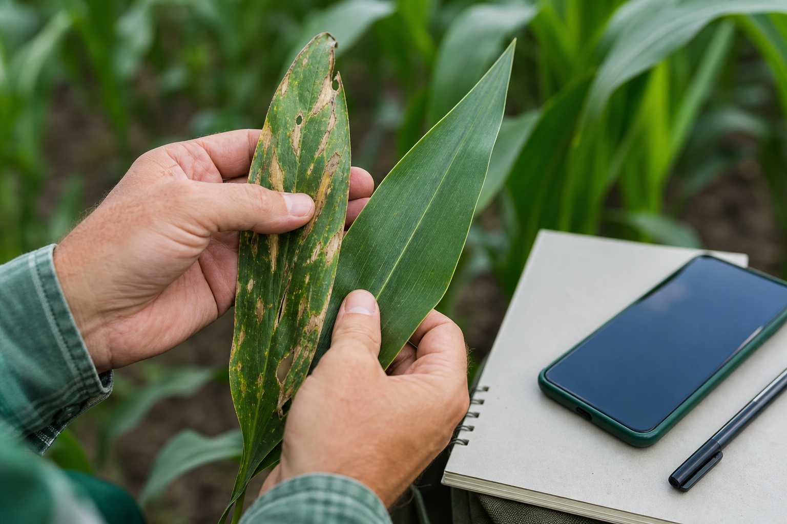 Close-up of a hand holding a corn or soybean leaf showing visible disease lesions or insect damage, with a healthy leaf visible for contrast. Outdoor field setting, natural light. The framing should suggest active scouting in progress — pocket notebo