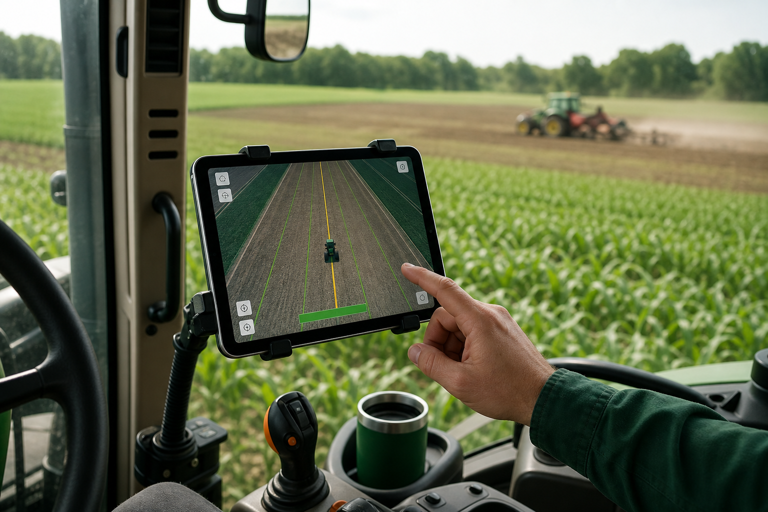 iPad mounted in a tractor cab displaying a field map with guidance lines and a moving vehicle icon. Operator's hand visible in frame near the screen. Through the cab window, working field visible. Clean, modern equipment aesthetic — emphasizes mobile