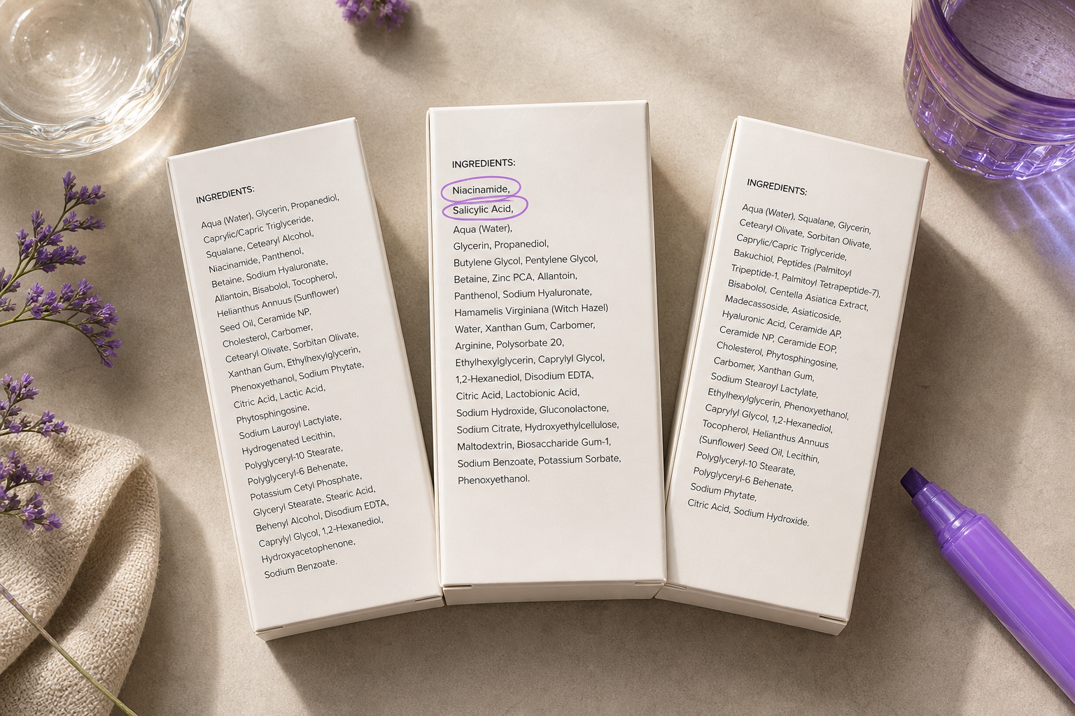 High-resolution top-down shot of three skincare product cartons fanned out, INCI lists on back panels fully legible, one panel with a highlighter circling niacinamide and salicylic acid near the top, warm desk lighting, neutral surface