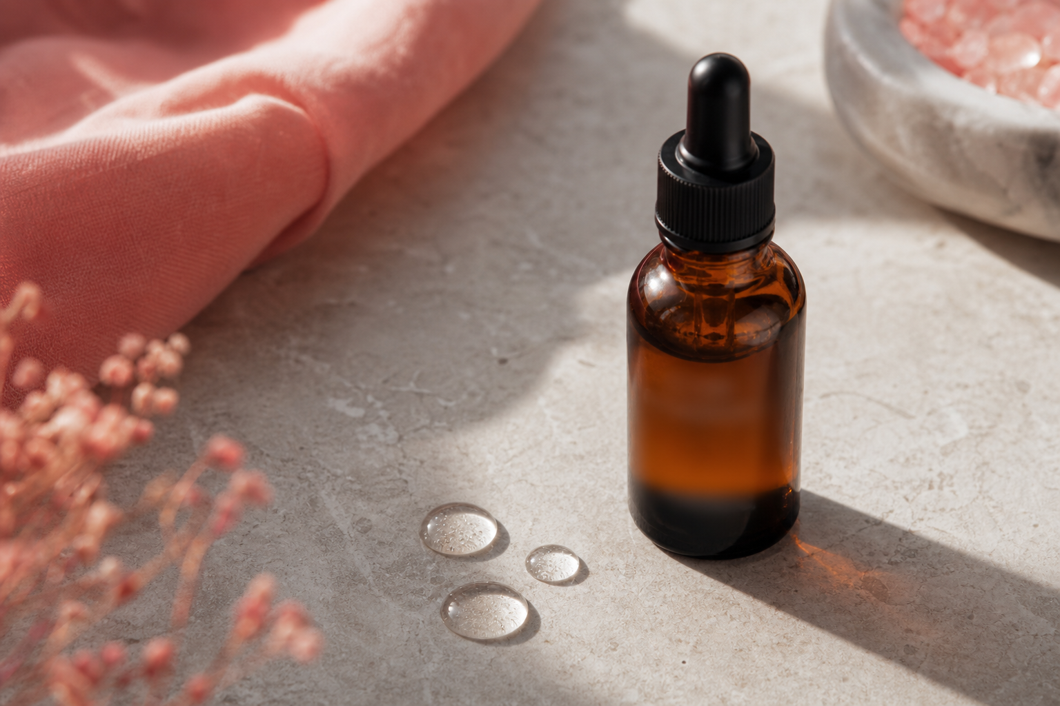 A single amber-glass serum dropper bottle on a matte stone surface, with three water droplets beaded next to it. Soft natural side-light, slight overhead angle. Macro feel — bottle text intentionally out of focus to stay brand-neutral.