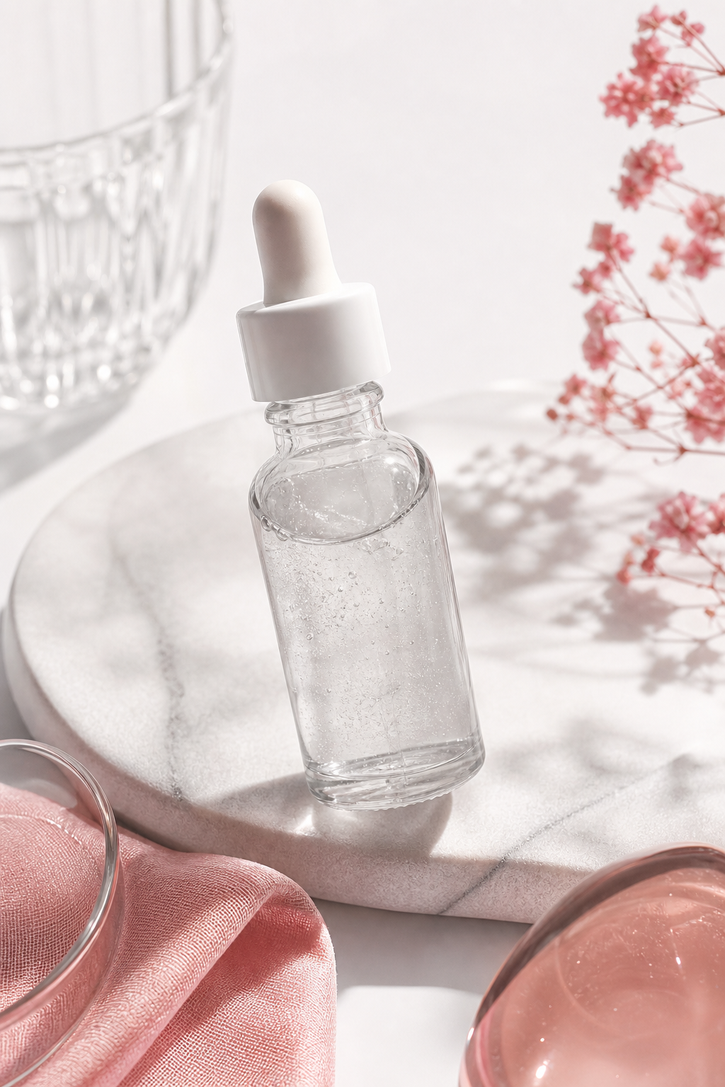 La Roche-Posay Hyalu B5 bottle — clean white background, slight angle, dropper visible. Soft studio lighting.