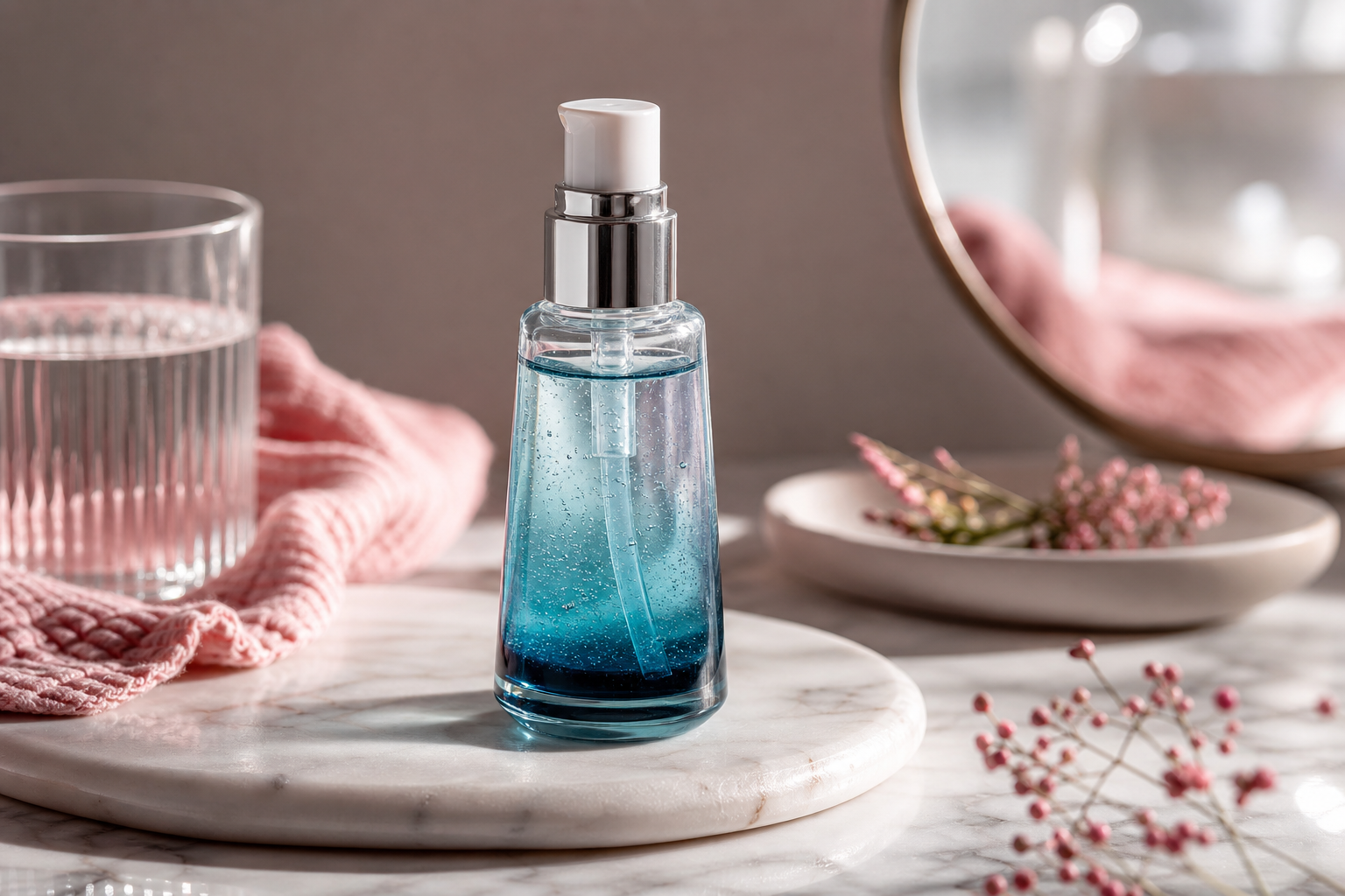 Vichy Minéral 89 bottle — same lighting setup, side-angle to show the recognizable blue fluid through clear glass.