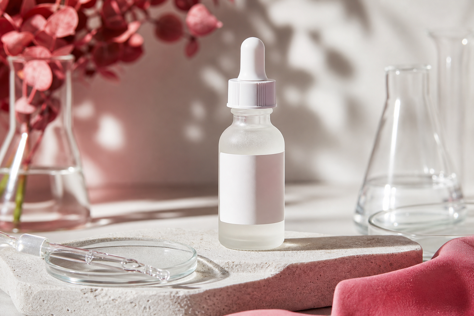 The Ordinary Hyaluronic Acid 2% + B5 — recognizable lab-style bottle, studio shot with neutral background.