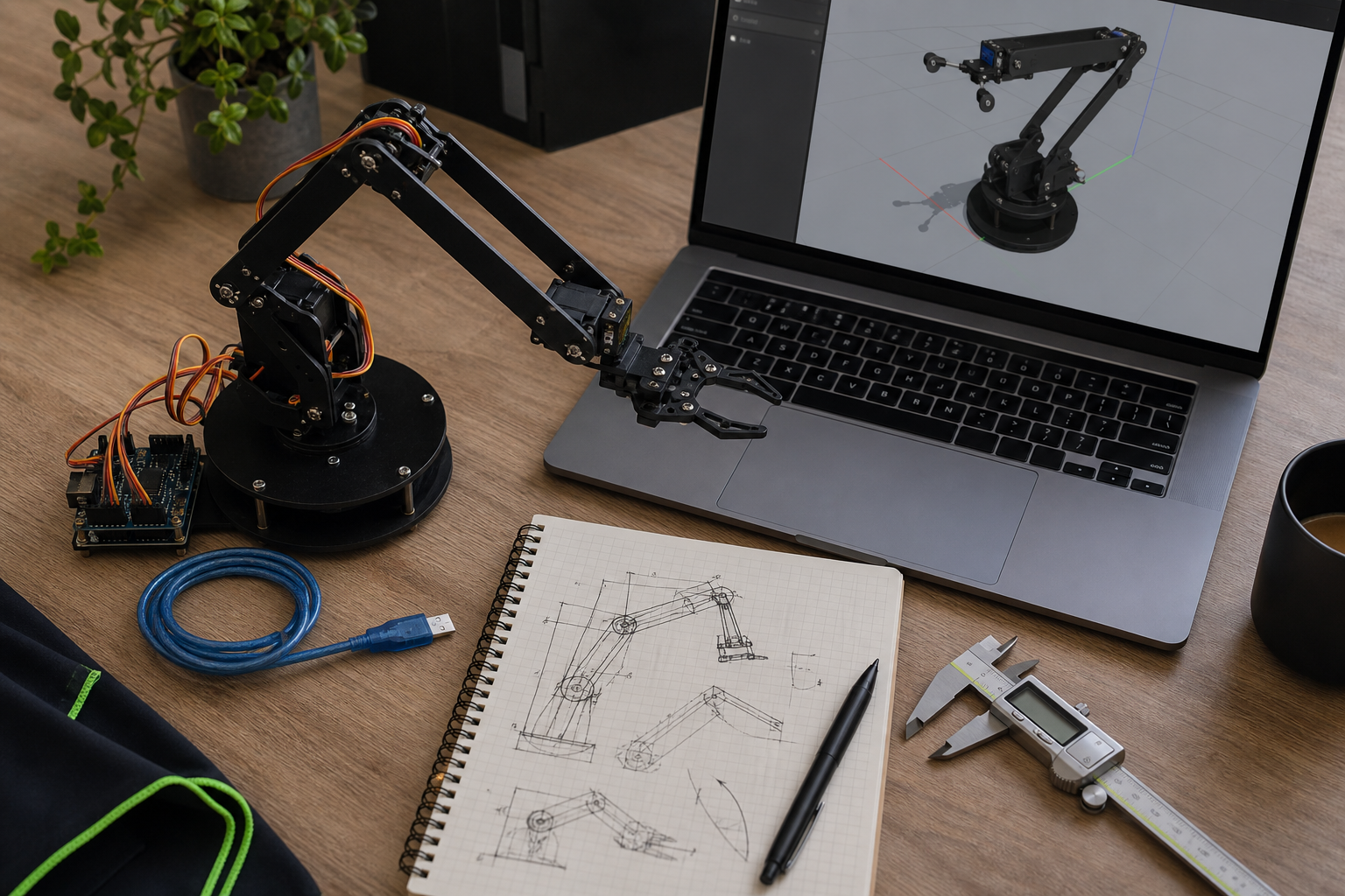 A workbench scene showing a DIY 4-DOF Arduino servo arm next to a laptop displaying a Gazebo simulation of the same arm. Calipers, a notebook with hand-drawn kinematics, and a coiled USB cable visible. Top-down angle, soft natural lighting. Caption: