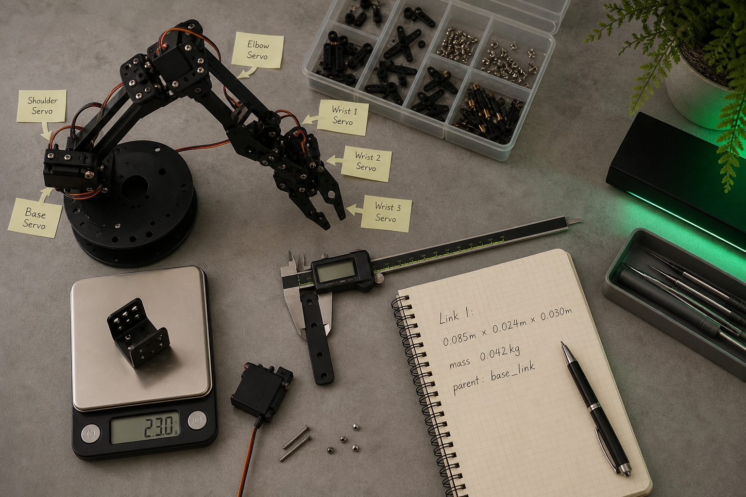 Overhead shot of a workbench with a partially disassembled 6-DOF Arduino servo arm. Digital calipers measure one link. A small kitchen scale shows a servo bracket reading 23g. A spiral notebook lists "Link 1: 0.085m × 0.024m × 0.030m, mass 0.042