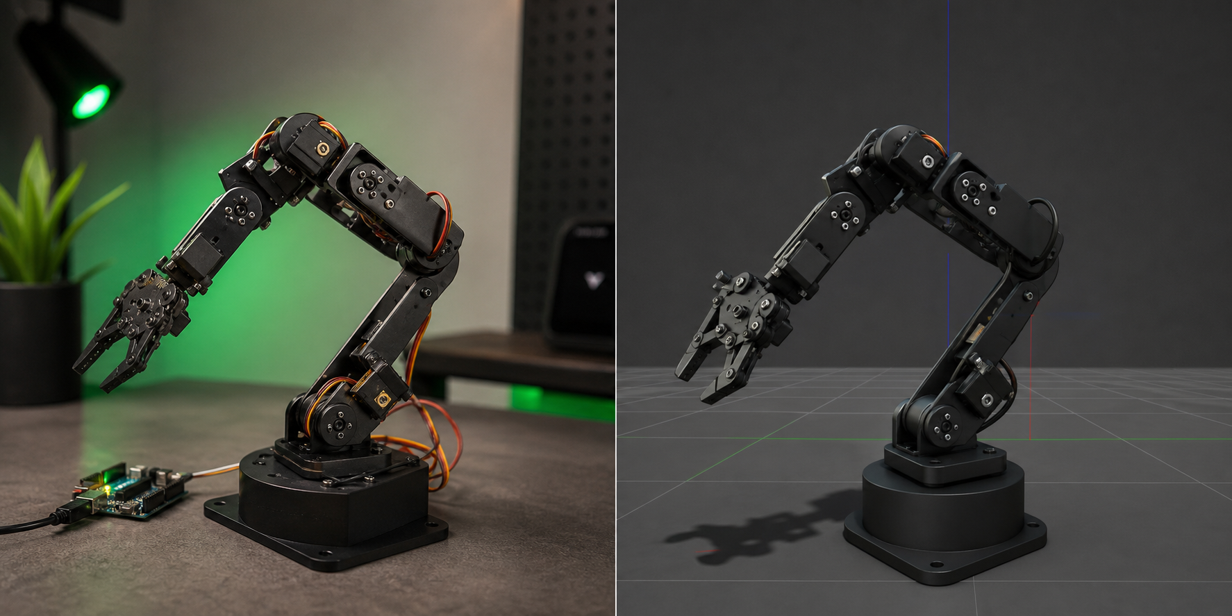 Split-screen composition — left side shows a real 5-DOF Arduino servo arm mid-motion, right side shows the same arm rendered in Gazebo from a matching camera angle. Both show identical joint configurations. Caption: "Visual match in joint geomet