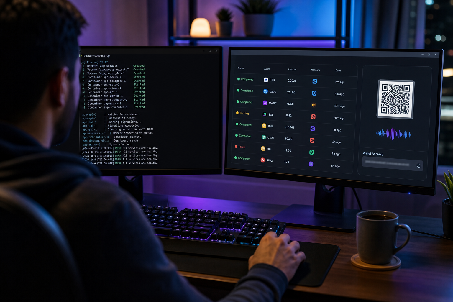 A developer's dual-monitor workstation at night. Left monitor shows a terminal with `docker-compose up` output; right monitor shows a crypto payment dashboard with transaction rows and a wallet QR code. Soft RGB keyboard glow, coffee mug, mechanical 