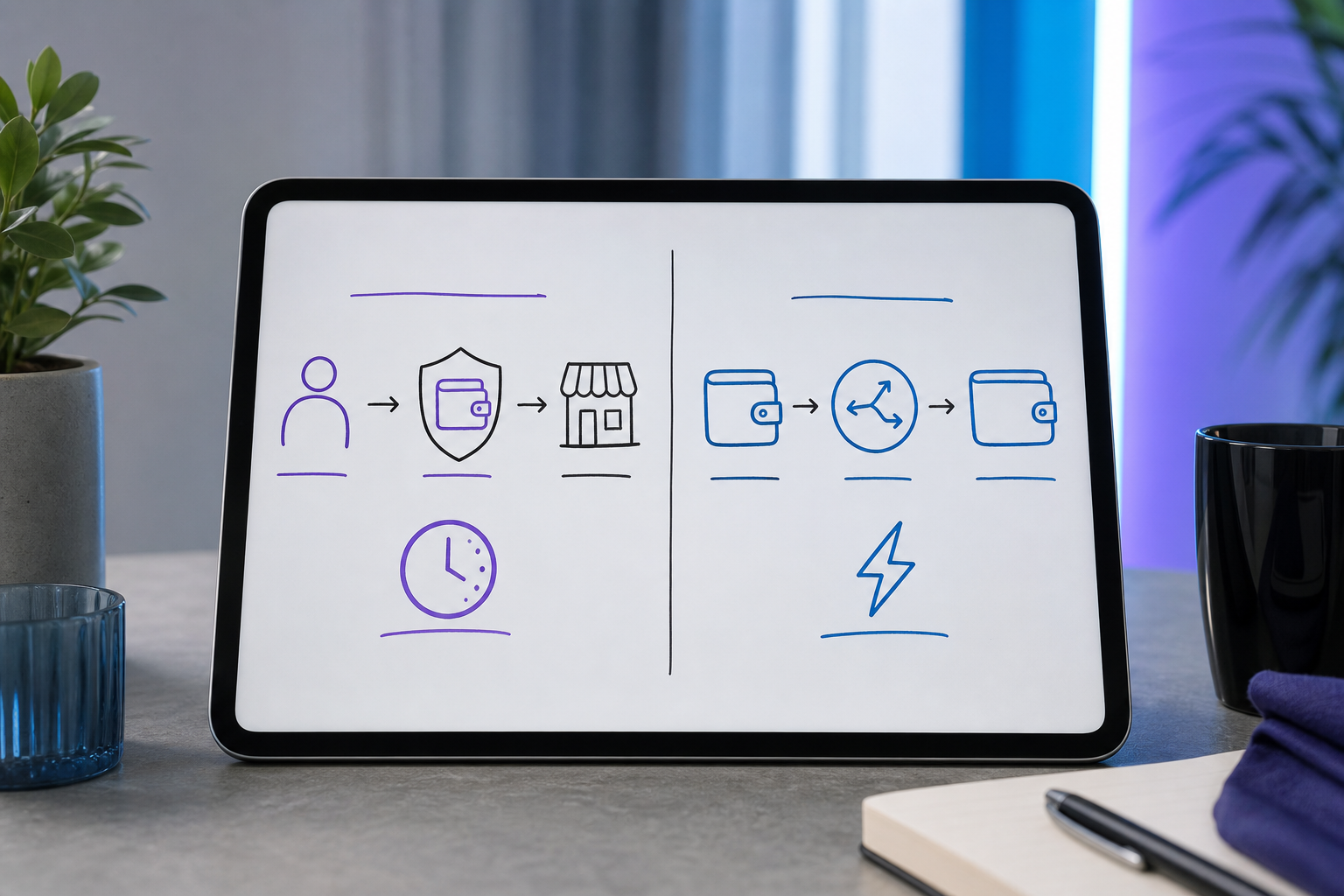 Side-by-side schematic-style diagram on a whiteboard or tablet screen. Left side labeled "Custodial" shows Payer → Gateway Wallet → Merchant Wallet with a clock icon labeled "T+1–T+3." Right side labeled "Non-Custodial" 
