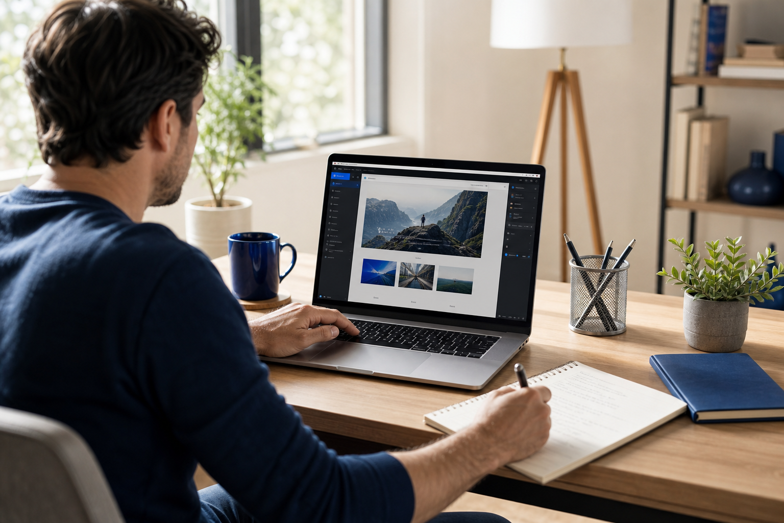 Hero shot — a solopreneur (mid-30s, casual) at a sunlit home-office desk, laptop open showing a website builder interface (generic, not branded), coffee mug, notebook with handwritten keyword list visible. Mid-morning natural light. Shot from slight 