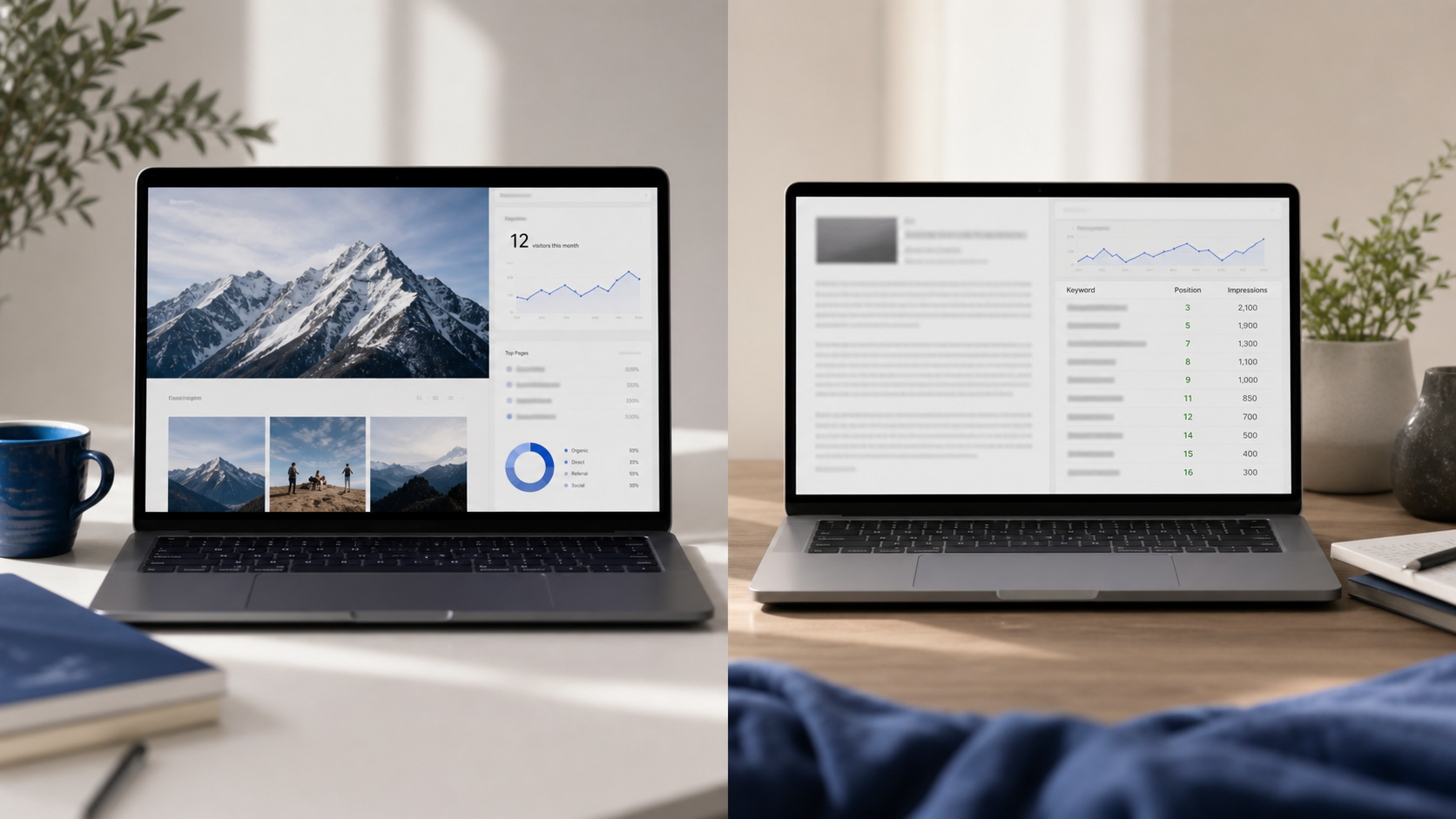 Split-screen mockup. Left half: a glossy, design-heavy website displayed on a laptop with Google Analytics open showing "12 visitors this month." Right half: a plainer, content-heavy website on a laptop showing Google Search Console with mu