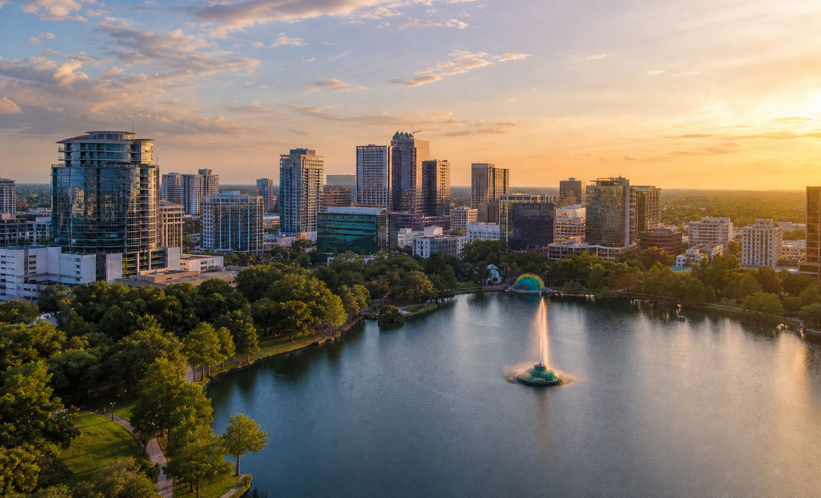 Aerial or elevated wide shot of the Orlando skyline at golden hour showing Downtown high-rises with Lake Eola visible in foreground