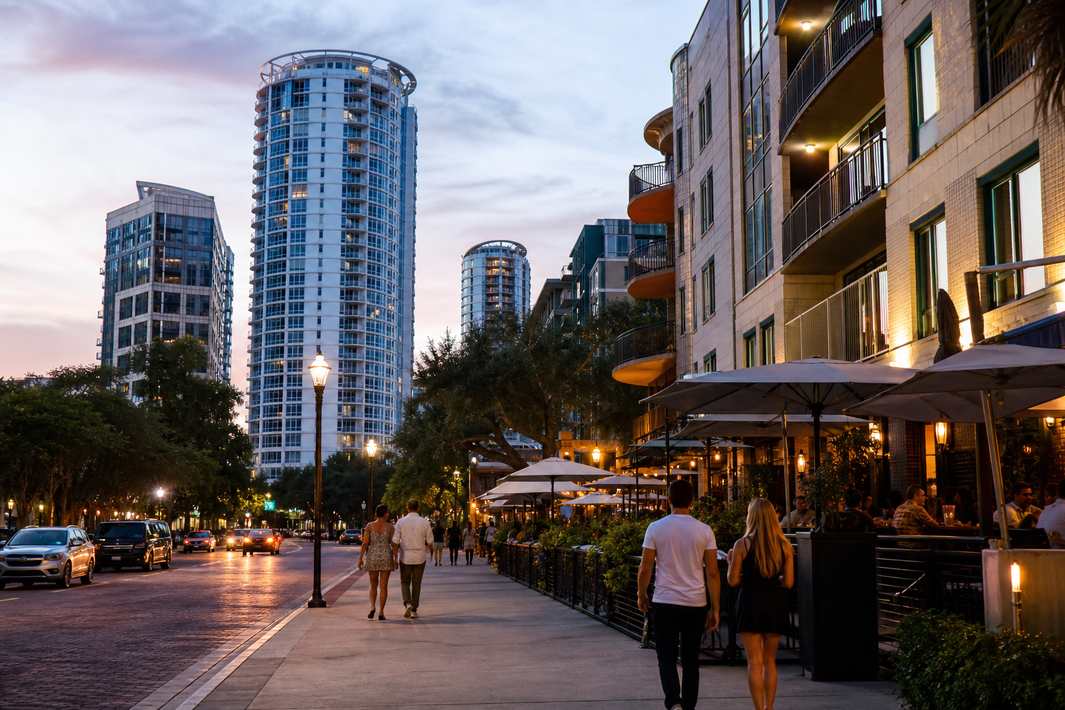 Street-level shot of Orange Avenue or Church Street at dusk, modern high-rise condos visible, pedestrian activity, restaurant patios