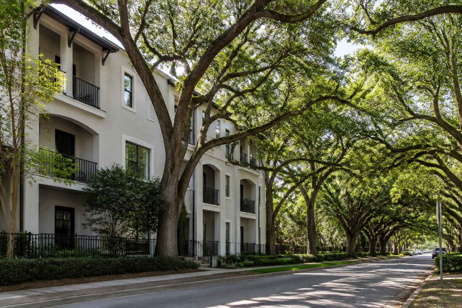 Park Avenue or a tree-lined residential street with a low-rise condo building, mature oaks