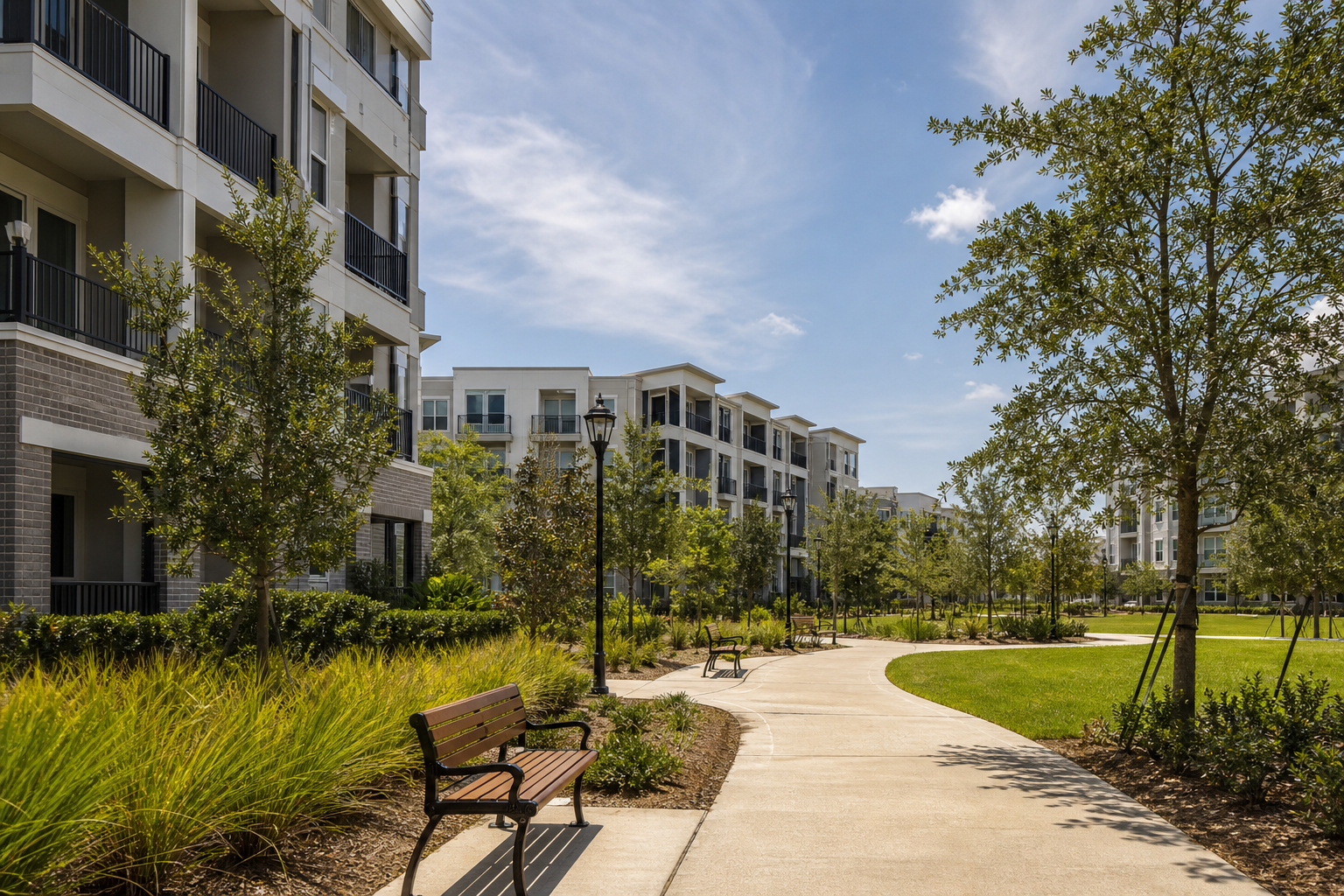 New mid-rise community in Lake Nona with landscaped paths, parks, family-scale architecture