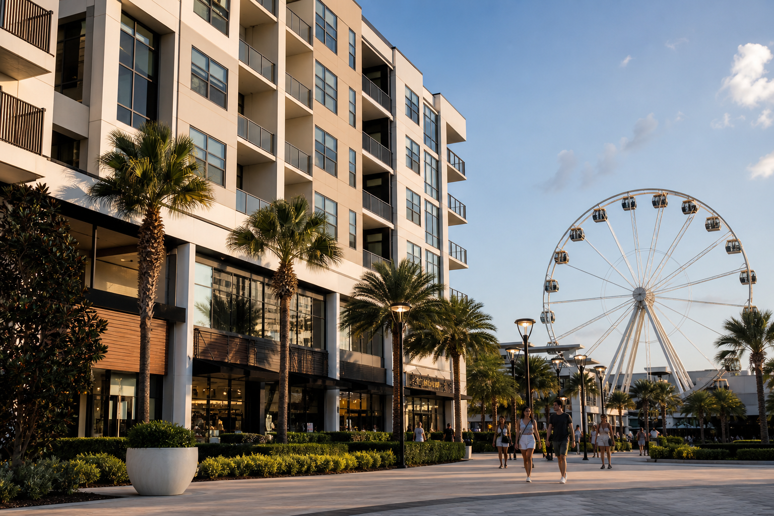 Mixed-use exterior showing ICON Park / I-Drive area with retail at street level and residential floors above