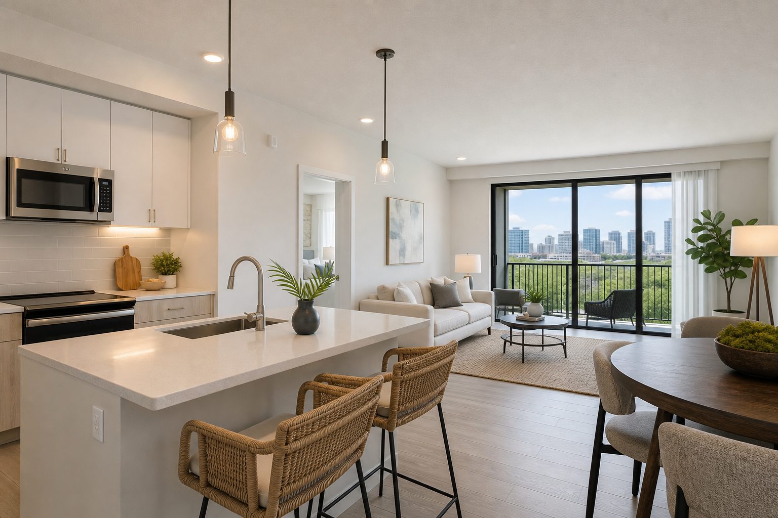 Interior condo walkthrough — neutral, well-lit unit showing layout, finishes, balcony doors