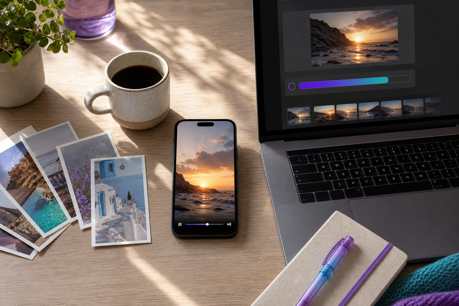 Overhead desk shot — smartphone displaying a vertical video clip mid-playback (sunset landscape with subtle parallax motion), beside it a laptop showing a generation interface with a "Generating..." progress bar, a coffee mug, and 4-5 print