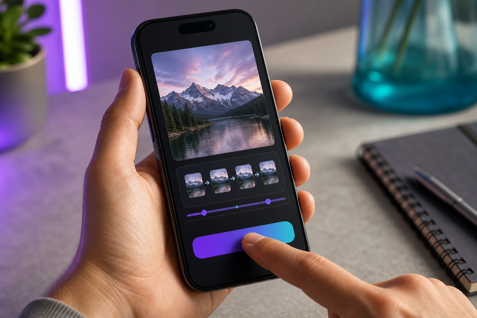 Close-up smartphone shot of someone tapping the "Generate" button in an image-to-video app interface; finger entering frame from the right.