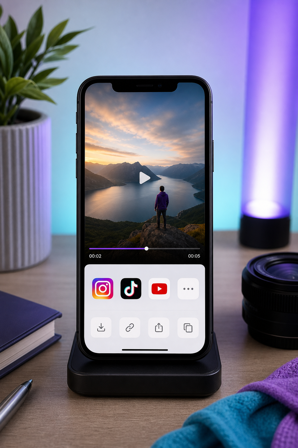 Vertical phone screen showing a finished 5-second AI-generated video paused mid-frame, with the share sheet open underneath (Instagram, TikTok, YouTube icons visible). Suggests "ready to publish."