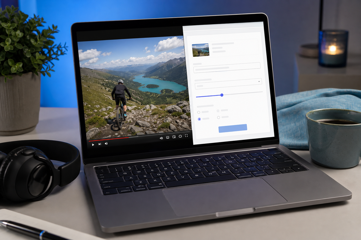 Hero shot — a laptop screen showing a YouTube video paused at a high-detail frame (landscape, sports, or tutorial scene), with a browser tab open beside it showing a clean converter interface. Soft desk lighting, slight overhead angle, suggesting in-