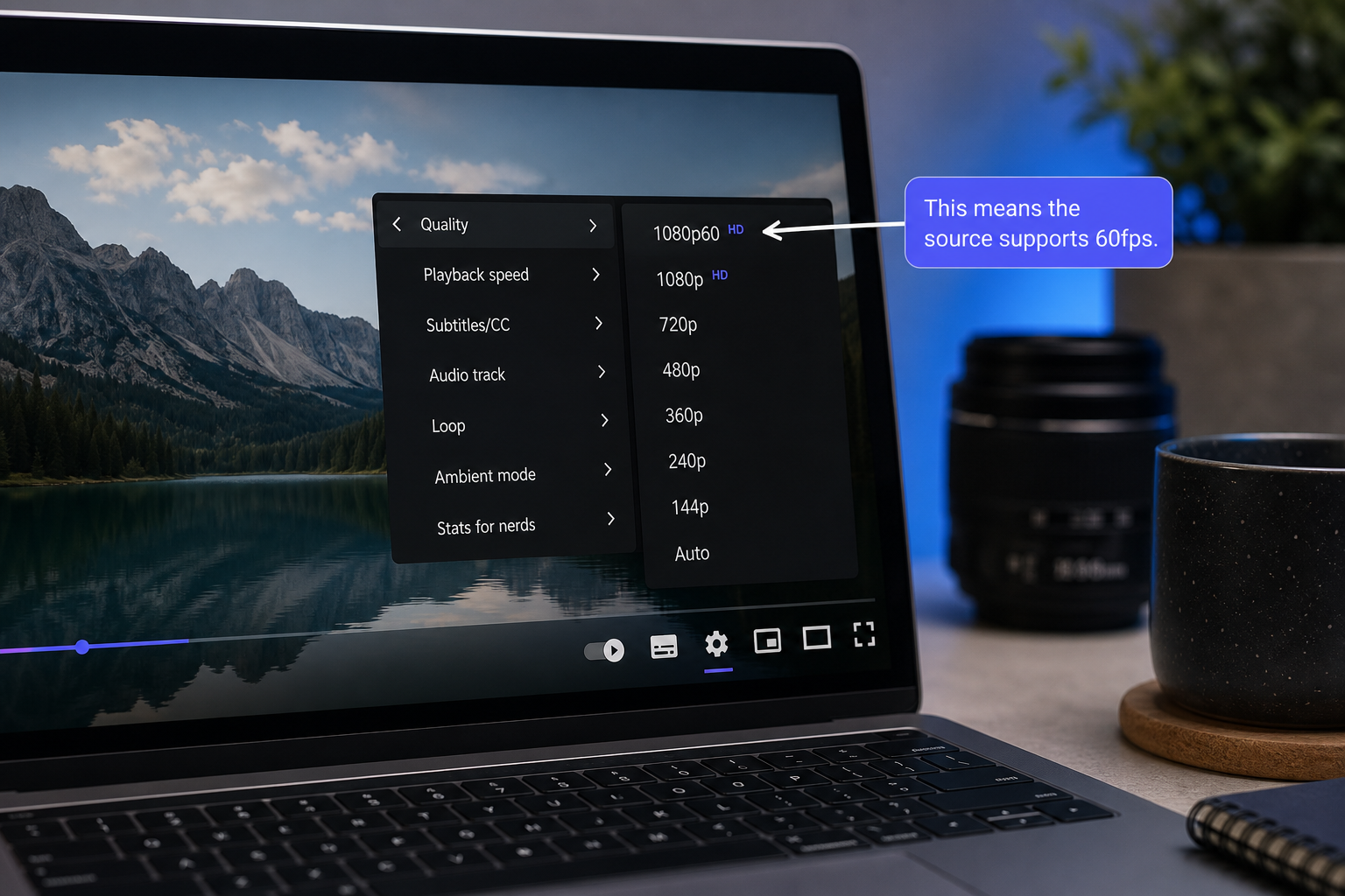 Close-up screenshot of the YouTube player with the settings gear clicked and the Quality submenu expanded, showing entries like "1080p60 HD," "1080p HD," "720p," "480p." Annotation arrow pointing to the 1080p60