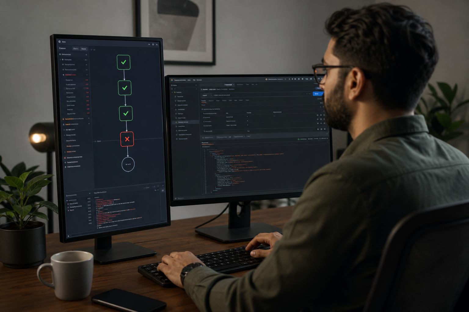A senior developer at a dual-monitor workstation, one screen showing a CI/CD pipeline with a red failing integration test stage (green unit tests above it), second screen showing a Postman/API request log. Slightly over-the-shoulder angle. Modern dev